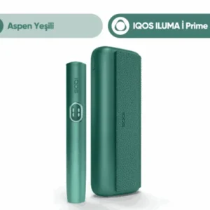 IQOS ILUMA i Yaprak Yeşili dokunmatik ekranlı akıllı tütün ısıtma cihazı ve cep şarj kutusu.