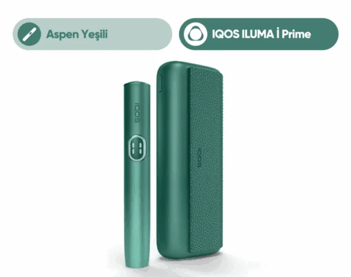 IQOS ILUMA i Yaprak Yeşili dokunmatik ekranlı akıllı tütün ısıtma cihazı ve cep şarj kutusu.